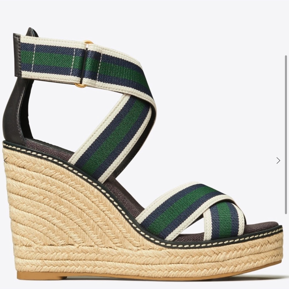 TORY BURCH Frieda Striped Espadrille Wedge Sandals - Green Blue Stripe - Sz 7.5 - Picture 2 of 11